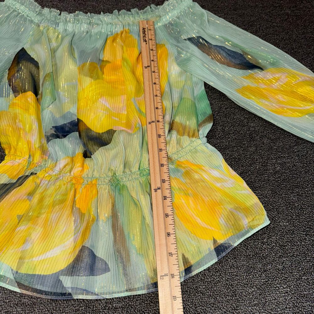White Houses Black Market Off Shoulder Blouse Size XS Boho Fairy Yellow Teal - Picture 8 of 10